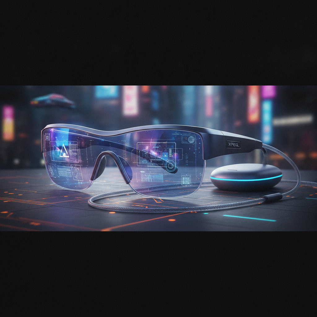 Xreal Aura Android XR glasses with connected compute puck on a studio display
