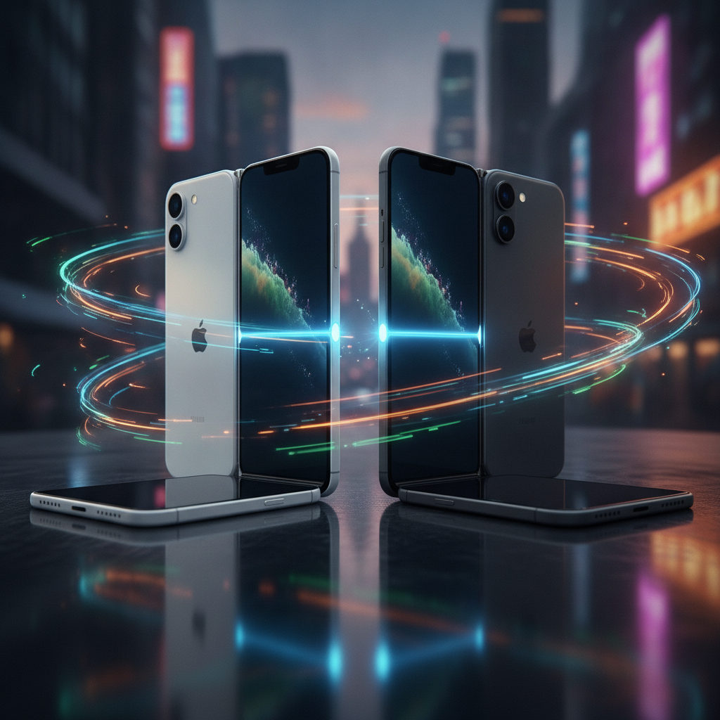 Modern foldable smartphone half-open on a minimalist desk, editorial tech product photography style