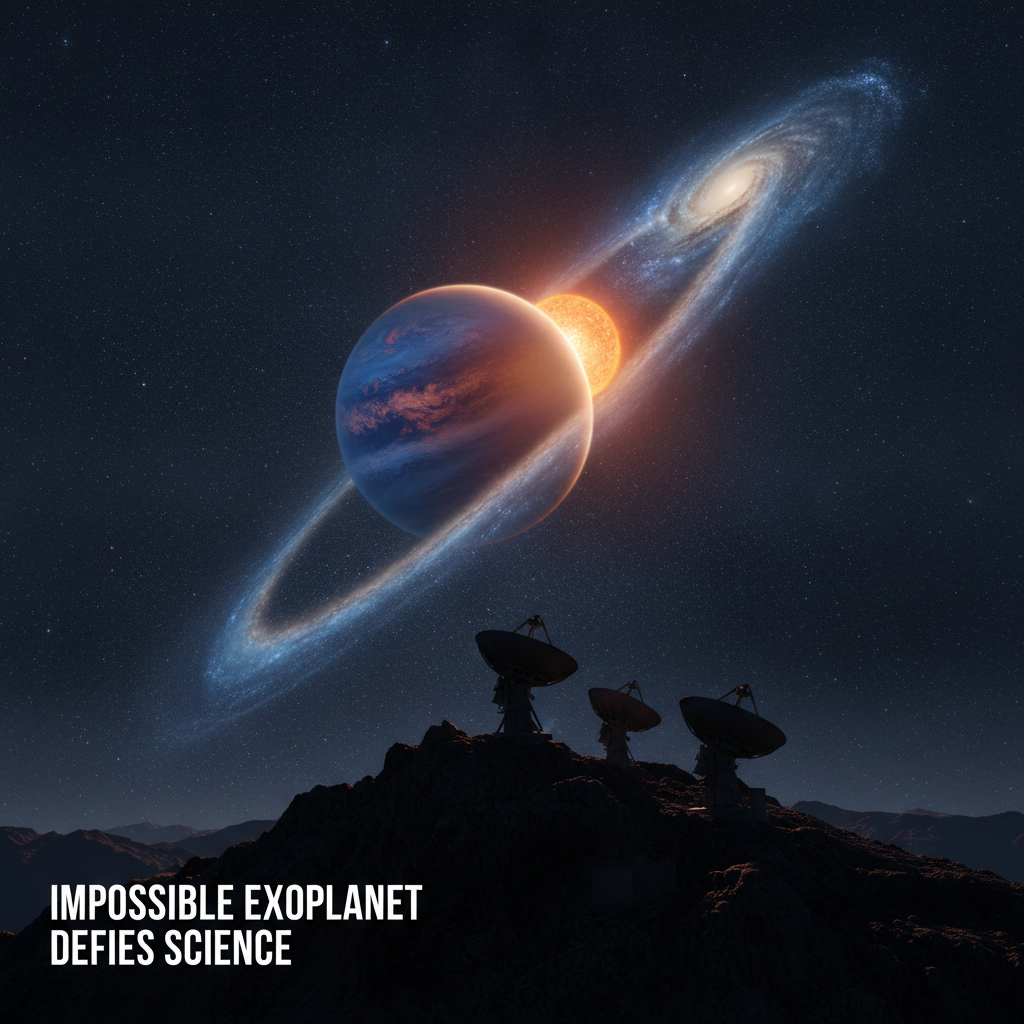 Artist's rendering of a blue sub-Neptune exoplanet orbiting a small red dwarf star in a dramatic tilted backwards orbit against a starfield, space news thumbnail with bold text overlay