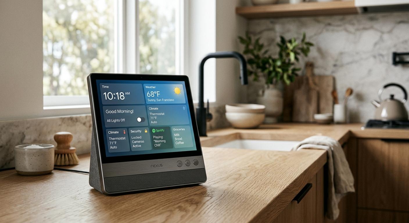 A sleek square smart display hub sitting on a minimalist wooden countertop