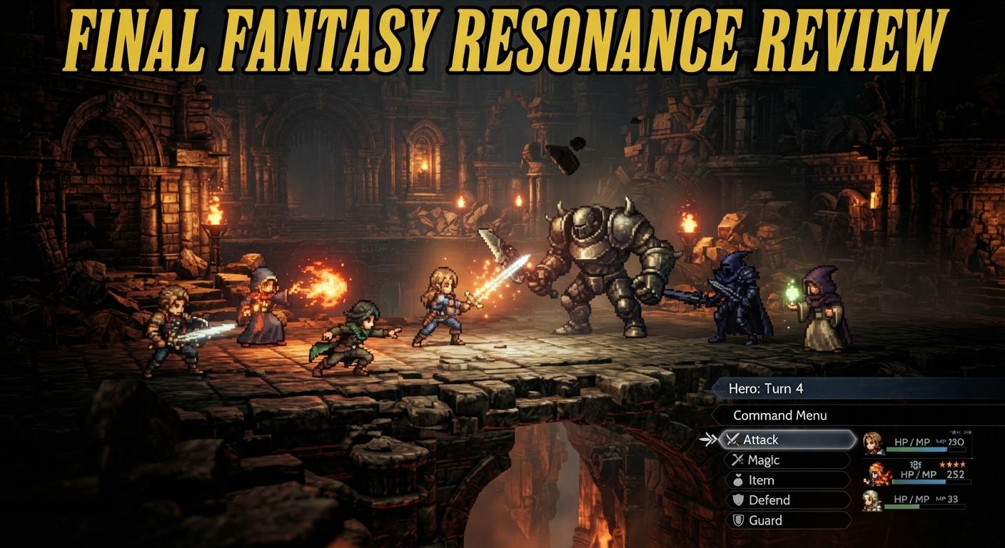 A vibrant HD-2D scene from Final Fantasy Resonance showing turn-based combat.