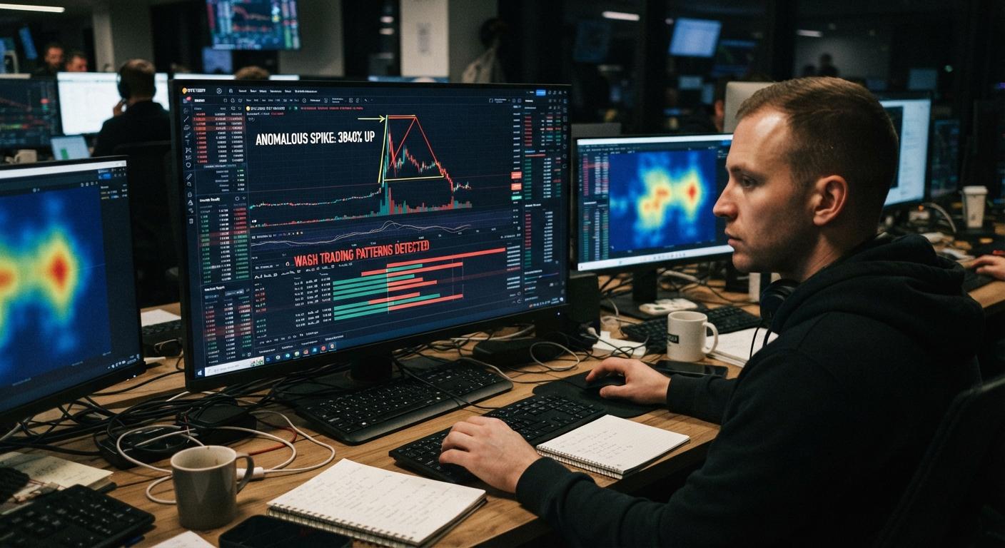 Digital financial chart showing high trading volume spikes on an electronic prediction market