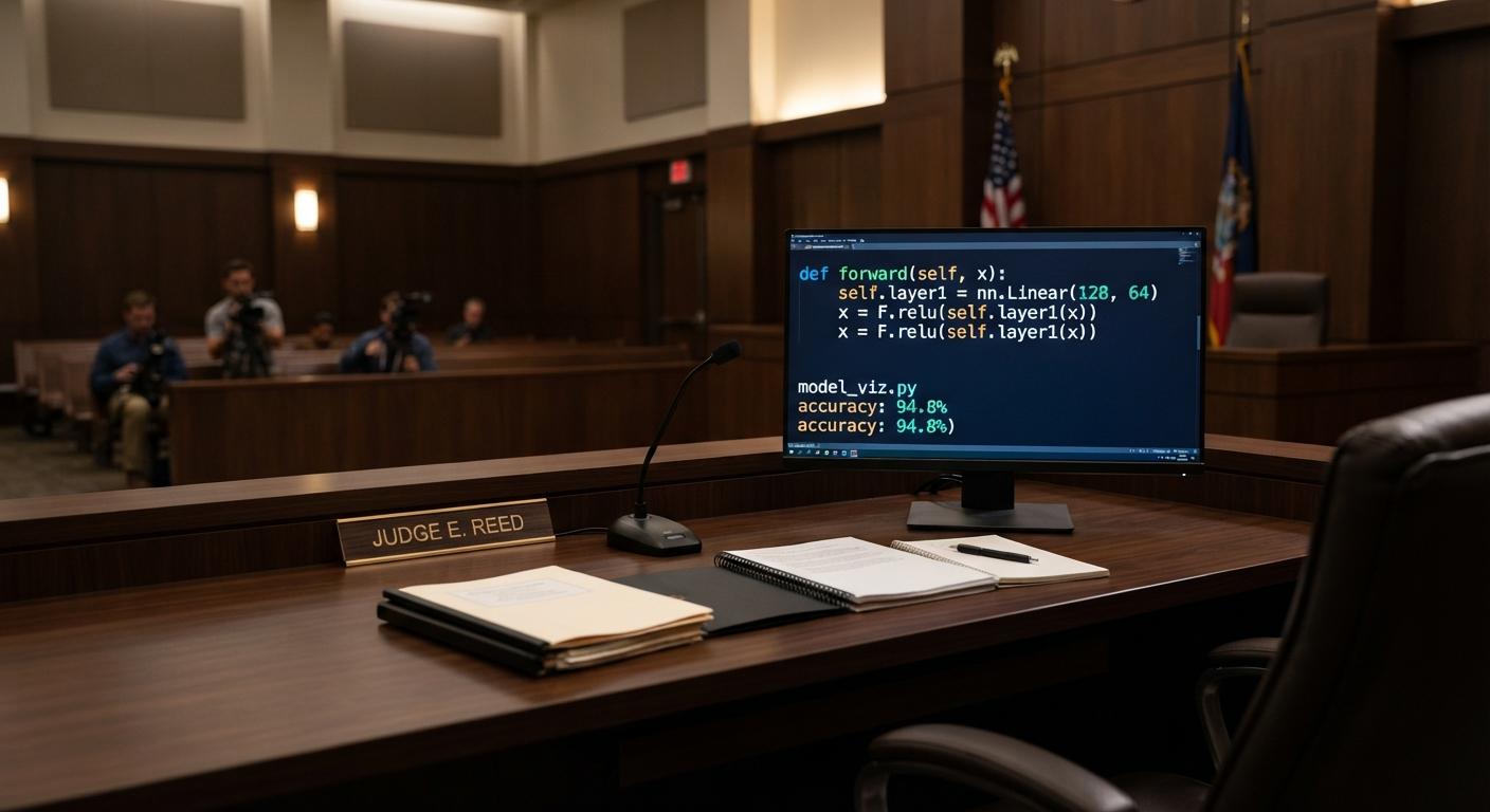 A gavel resting next to a glowing server circuit board in a courtroom