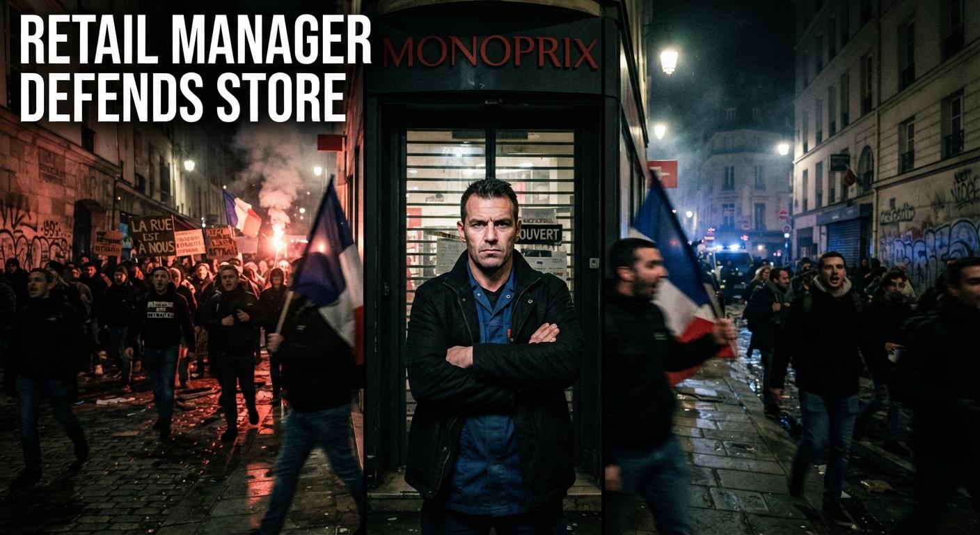 A French retail worker standing in the doorway of a Micromania store during protests.