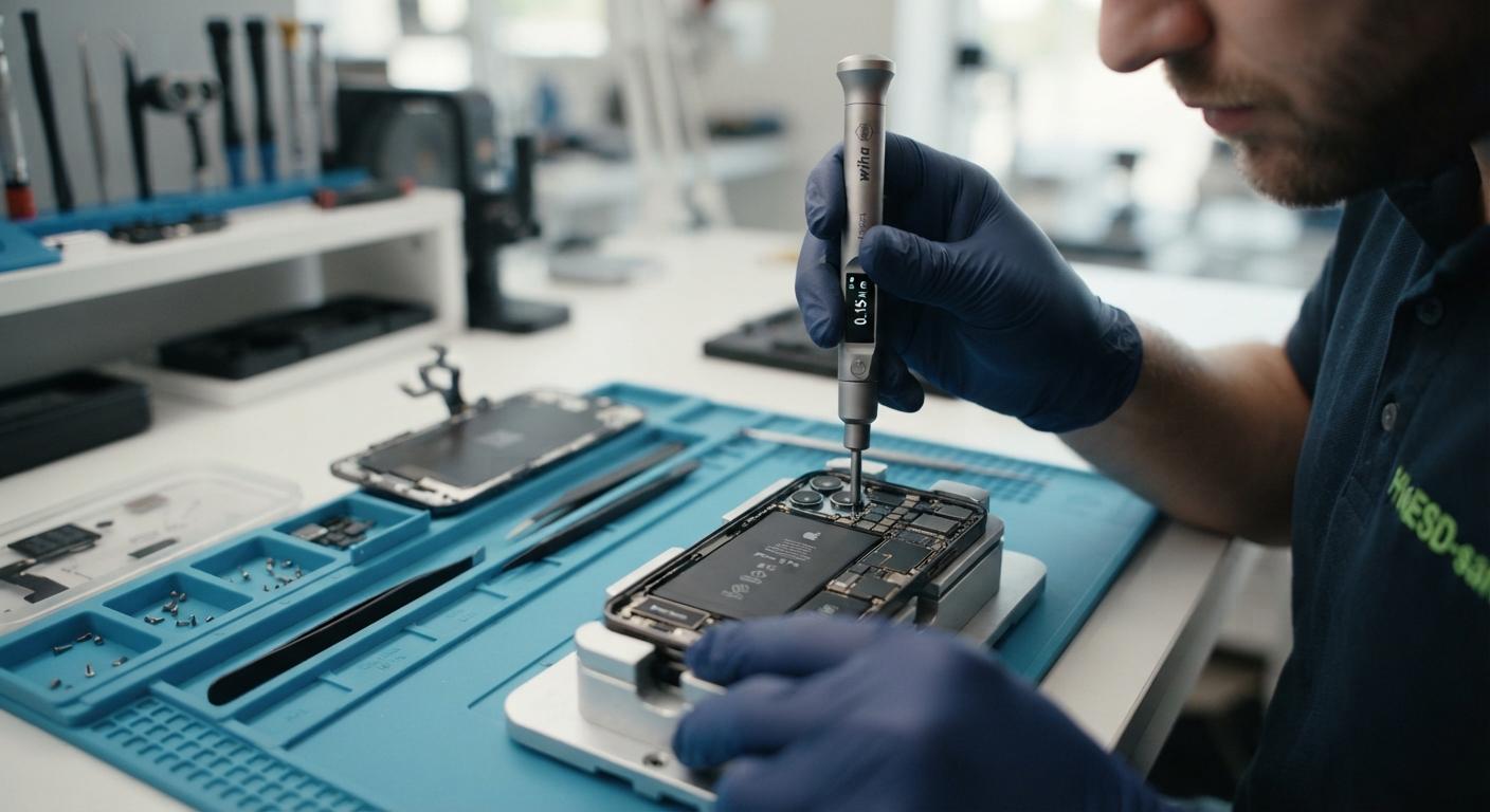 Close up of an iPhone 18 Pro display being repaired with official Apple tools.