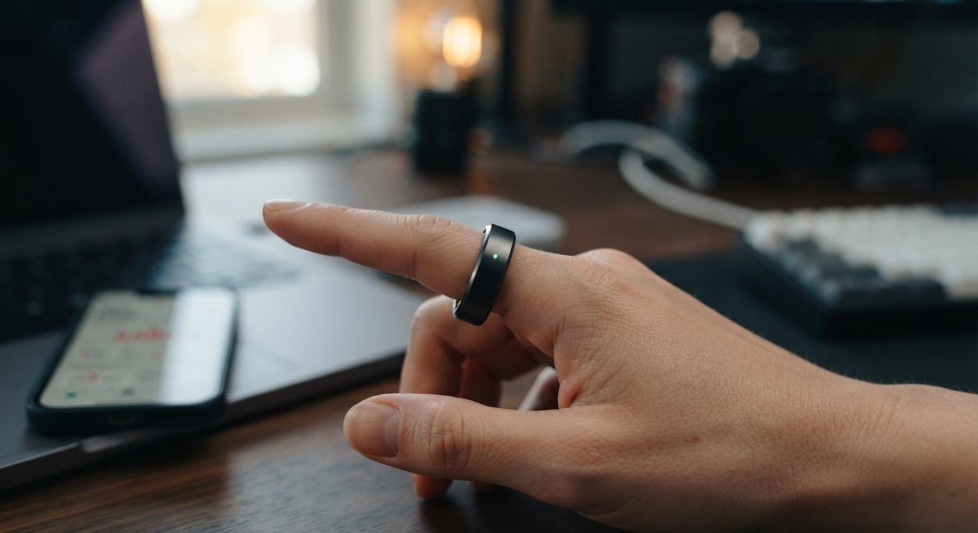 A close-up of a smart ring on a person's finger.