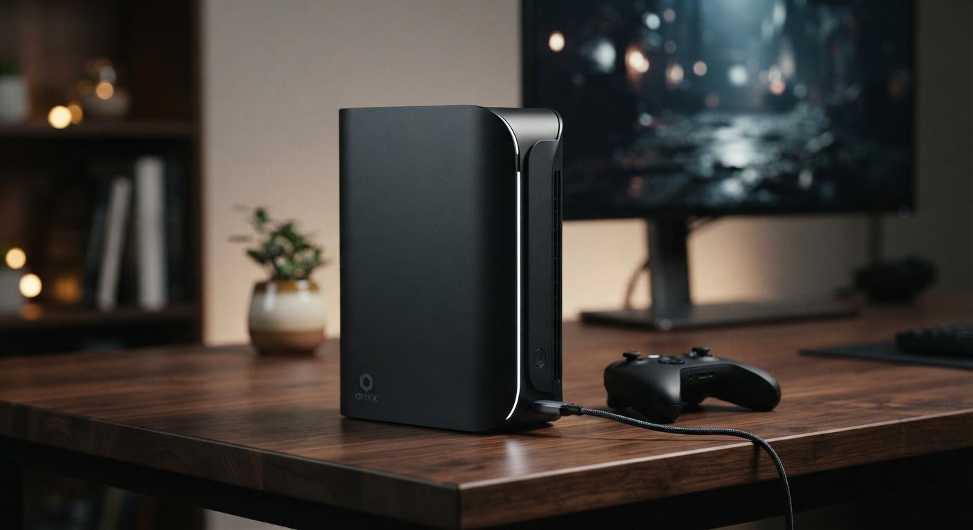 Conceptual render of next-generation gaming console hardware on a desk