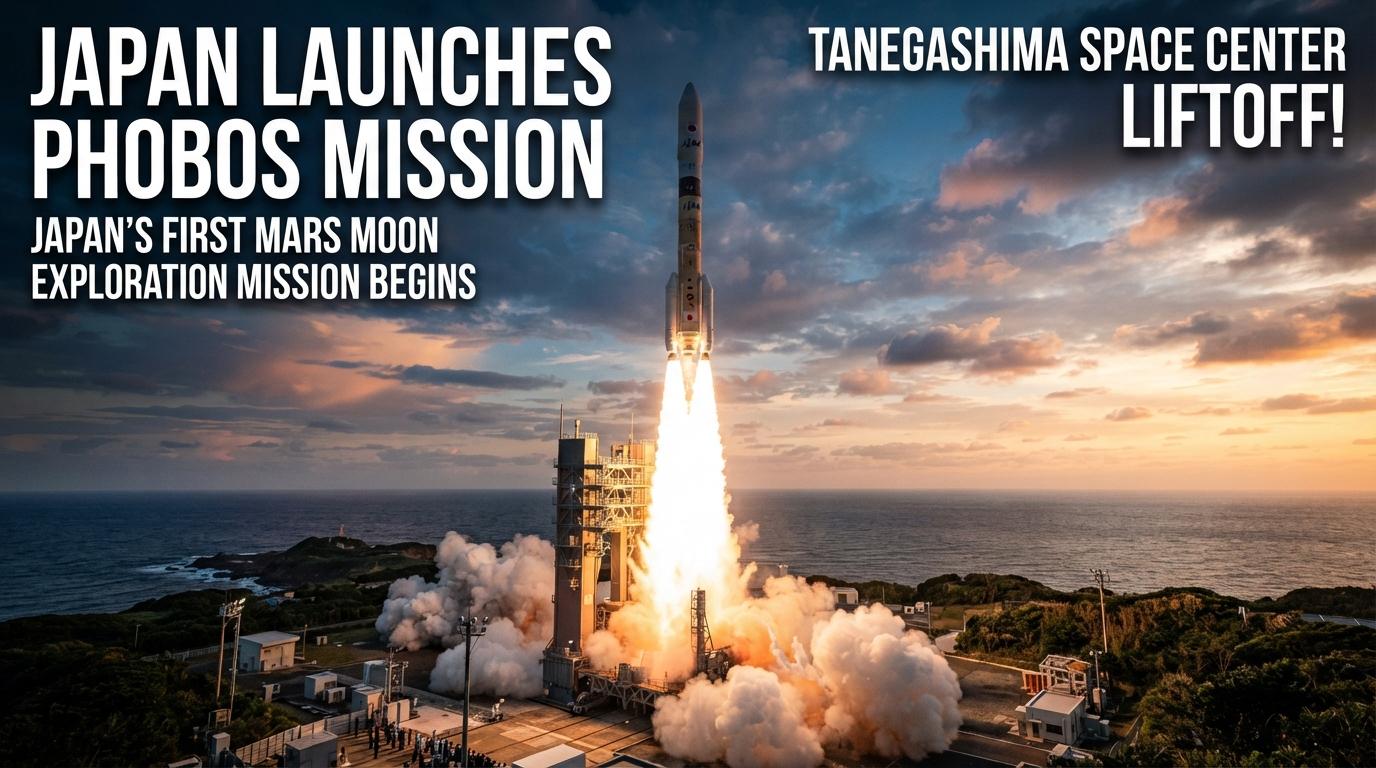 H3 rocket lifting off from Tanegashima Space Center carrying the MMX spacecraft.