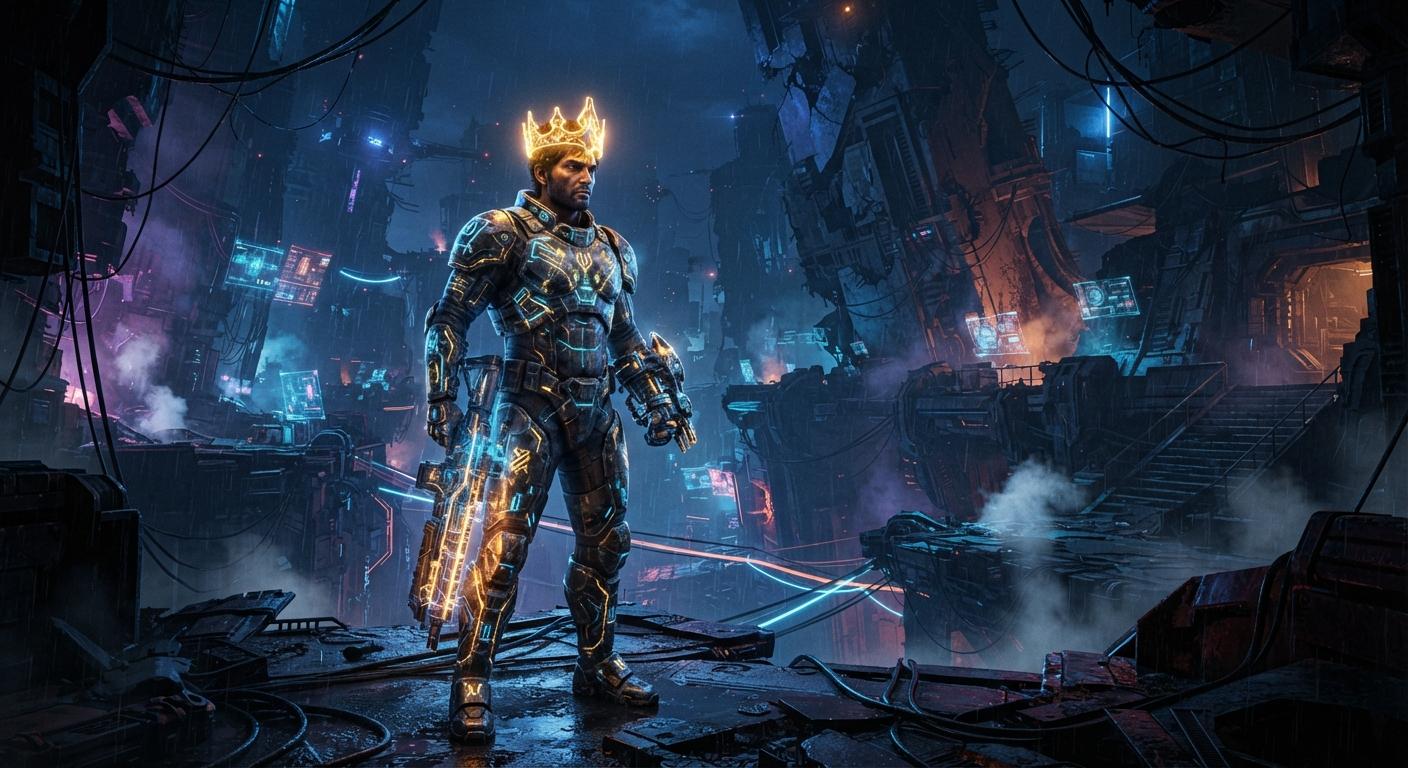 Arjun in Saros wearing the glowing golden crown from the Zenith update