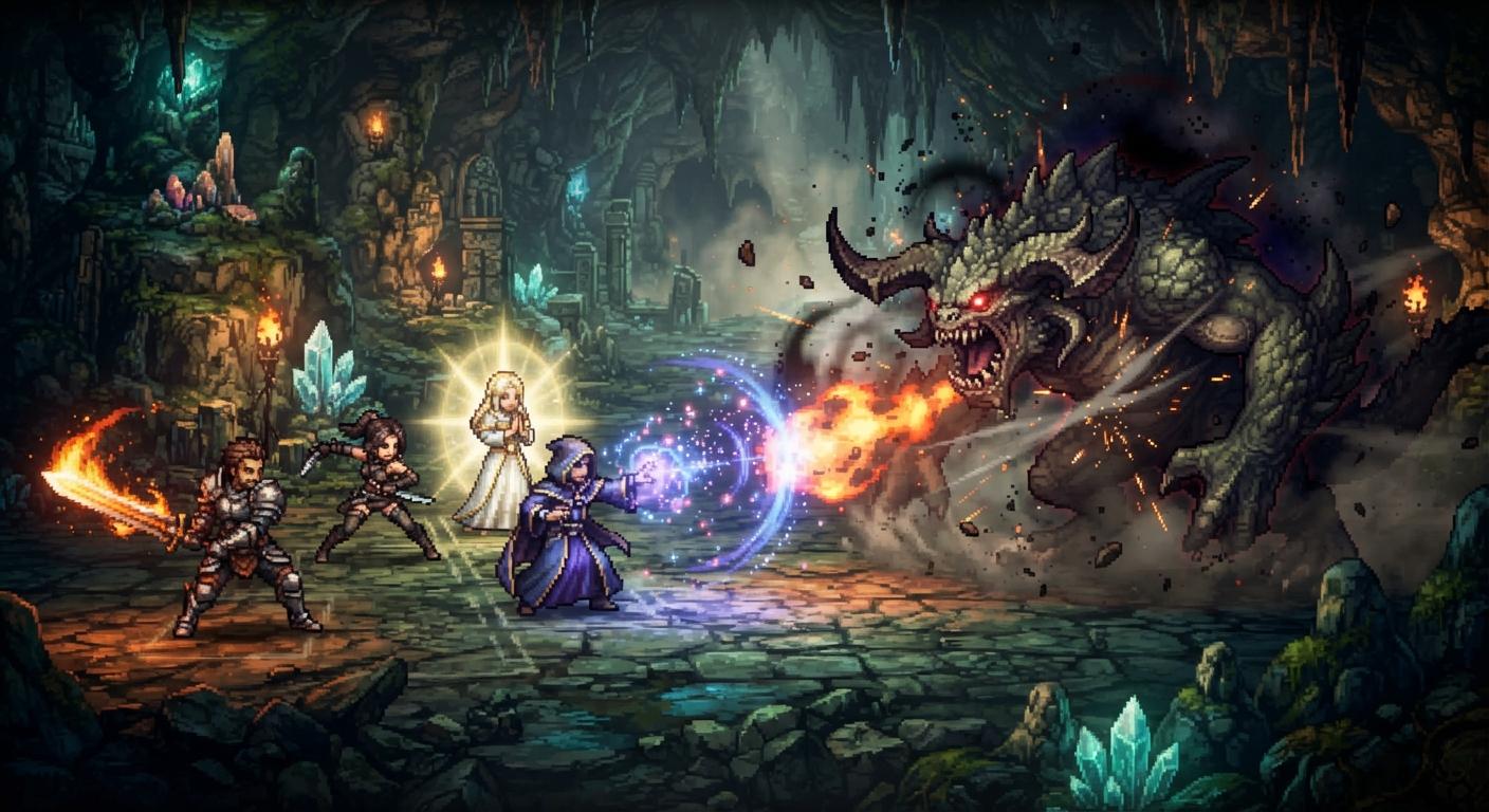Pixel art battle scene from Final Fantasy Resonance showing a four-person party facing enemies in turn-based combat.