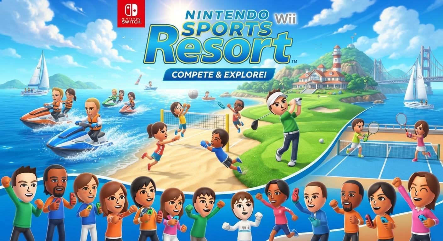 A promotional shot of Nintendo Switch Sports Resort showing players on Wuhu Island.