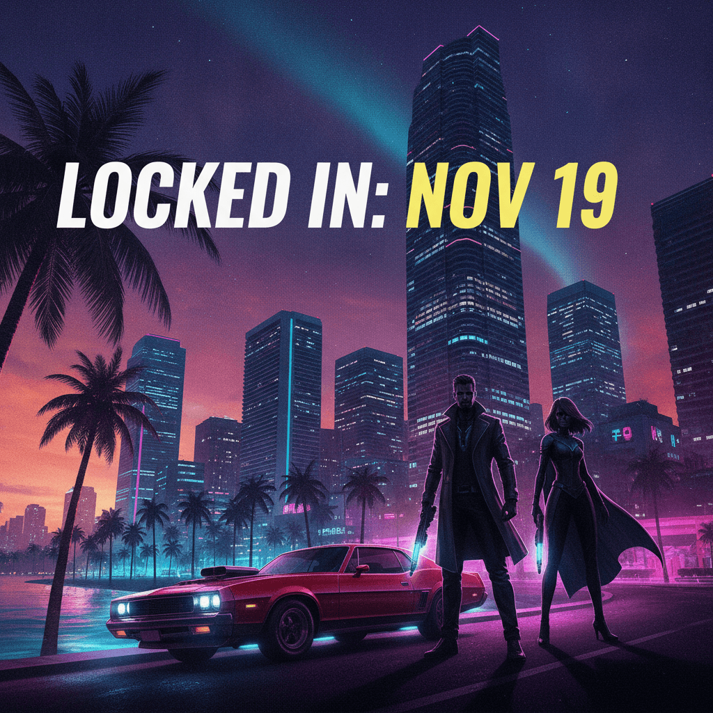 GTA 6 key art showing the Vice City skyline at sunset with protagonists Lucia and Jason in the foreground