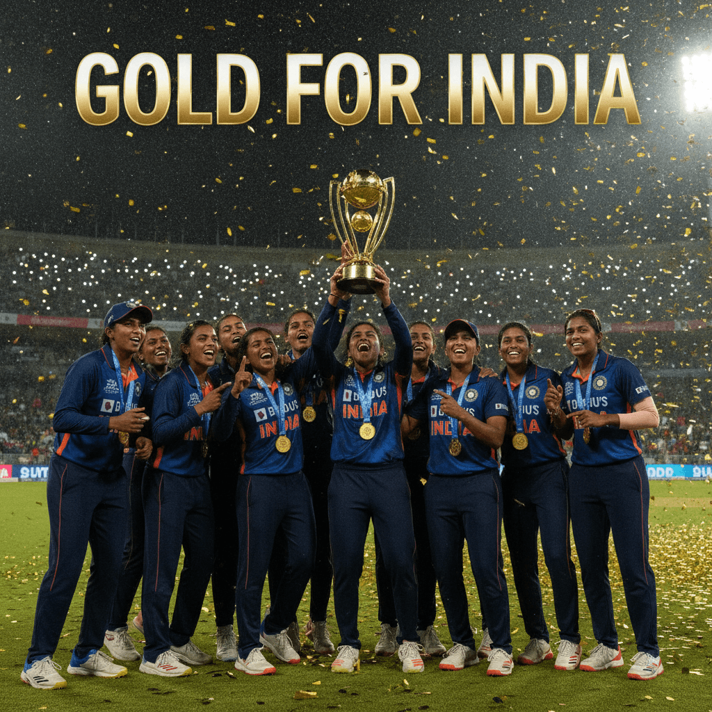 Indian women's cricket team celebrating with gold medals at the Asian Games 2026 stadium